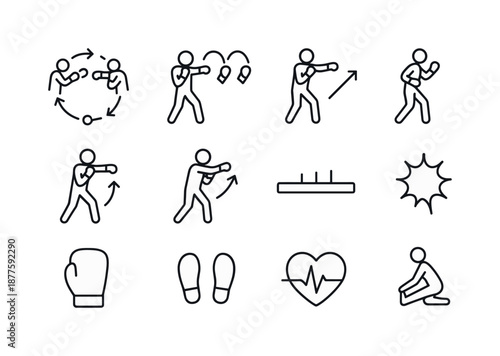 Boxing Fitness Icons. Boxing fitness workouts. Line icon set of boxing fitness workouts: jab-cross cycle, punch arc trio, step-in angle arrow, slip-left curve,