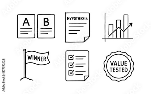 Hand drawn business icons set: hypothesis, graph, checklist, winner banner, value badge