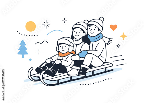Winter Sleigh Ride. Group enjoying sleigh ride memory. Group slowing down at the end of the ride with gentle smiles, sense of calm happiness and winter