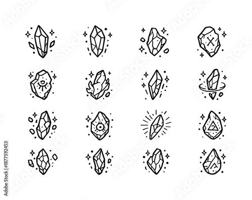 Magic Shards Icons. Magic shards. Line icon set of Magic shards: glowing shard silhouette, mana crystal, enchantment fragment, rune shard, ancient relic piece,
