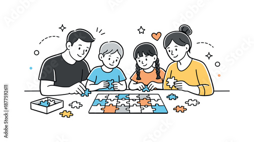 Family Puzzle Time. Family doing puzzle. Family sitting around a table assembling a jigsaw puzzle together, calm focus and warm shared activity. Minimalist