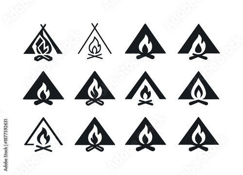 Bonfire Logo Variations. Bonfires and outdoor gatherings. Icon set. Set Logo of bonfires and outdoor gatherings: tent and flickering flame. harmonious logo