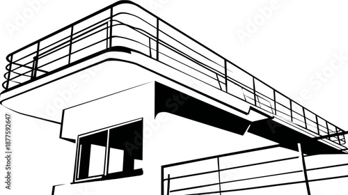 Black and white illustration of ship details, featuring railings, windows, and angled architectural lines