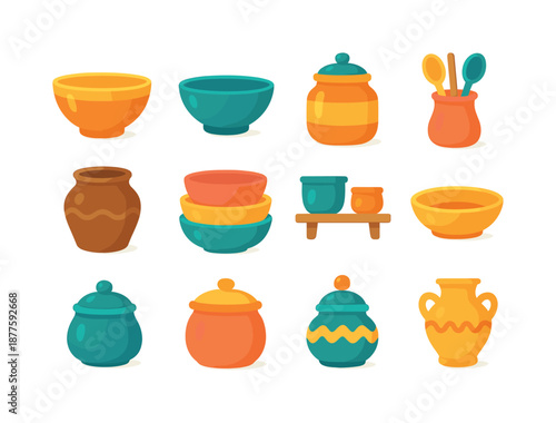 Kitchen Ceramic Icons. Kitchen Ceramic Display. Colorful flat vector icons set of Kitchen Ceramic Display: mixing bowl, serving bowl, ceramic jar, utensil