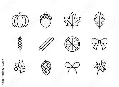 Autumn Wreath Icons. Autumn wreath. Line icon set of Autumn wreath: pumpkin, acorn, maple leaf, oak leaf, wheat stalk, cinnamon stick, dried orange slice,