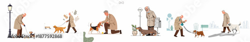 Elderly men walking and interacting with various dog breeds outdoors, illustrating companionship and daily life activities.