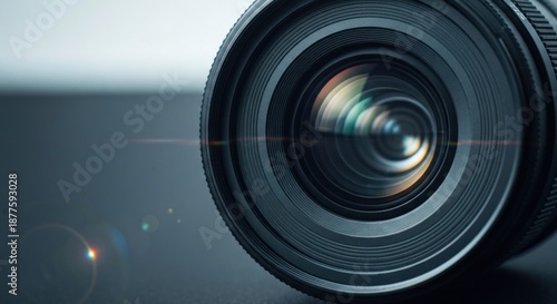 Close-up of a camera lens with reflections, on a blurred background, and flare