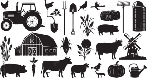 Farm Icons and Symbols in Black and White Color
