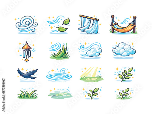 Breezy Vector Icons. Gentle breeze. Colorful isometric vector icons set of gentle breeze: swirl icon, leaf drift, flowing curtain, hammock sway, wind chime,