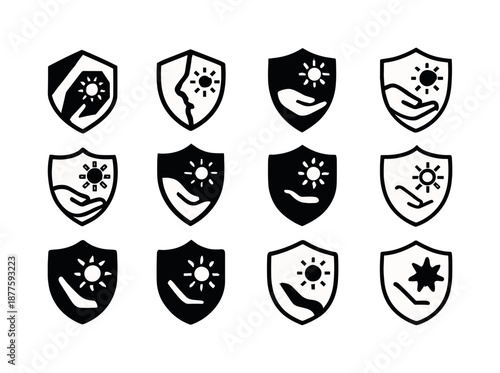 Sunscreen Shield Icons. Skin and protection. Icon set. Set Logo of skin and protection: sunscreen shield. harmonious logo variations of the same emblematic