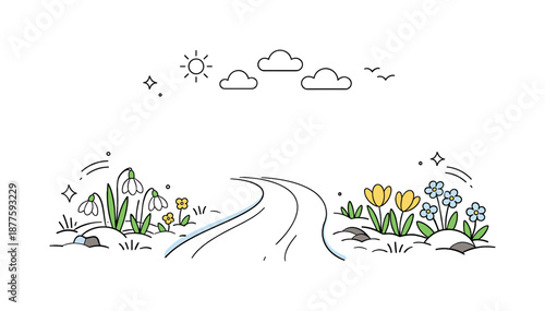 Spring Path Illustration. Early spring border illustration. Minimal snowy road flanked by emerging flowers and greenery, creating a gentle contrast between