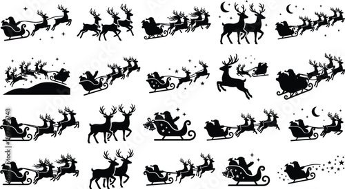 Santa Claus sleigh and reindeer silhouette collection flying through Christmas night sky with stars moon vector illustration set