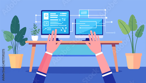 A person's hands reach out to interact with two computer screens displaying data visualizations, with plants framing the scene