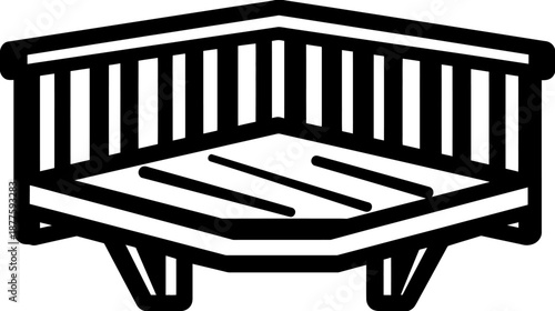A geometric illustration of a three-sided park bench with a slatted design and legs