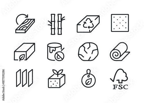 Sustainable Home Icon Set. Energy-efficient home design trends. Line icon set of sustainable materials: reclaimed wood, bamboo plank, recycled brick, cork