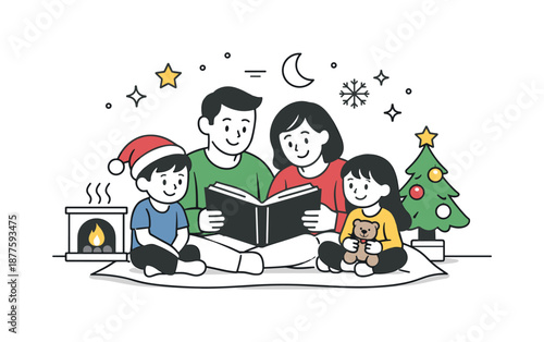 Cozy Christmas Storytime. Parents reading Christmas story at home. Family gathered near a small lamp or fireplace with a book, cozy interior and relaxed