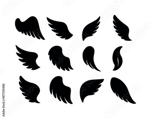 Angel Wing Silhouettes. Angel wing silhouettes. Solid icon set of angel wing silhouettes: full wing silhouette, half wing silhouette, narrow silhouette, broad