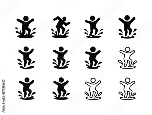 Puddle Splash Logo Collection. Splashing in puddles. Icon set. Set Logo of splashing in puddles: rain-soaked ground motif. harmonious logo variations of the