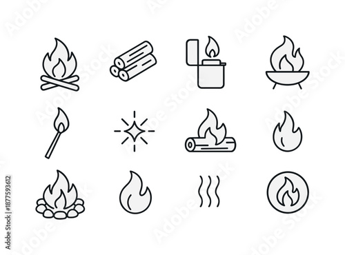 Fire Essentials Icons. Bonfires and outdoor gatherings. Line icon set of fire essentials: campfire icon, firewood stack, lighter flame, fire pit, matchstick