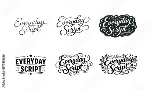 Harmonious Lettering Variations. Everyday Script Lettering. Set lettering. harmonious lettering variations of the same emblematic concept, each with different