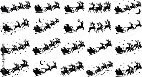 Santa sleigh silhouette set with flying reindeer Christmas night sky stars moon vector illustration collection for holiday design use projects