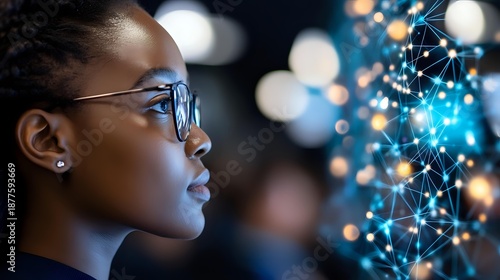 Young African American businesswoman with glasses analyzing glowing network connections and data visualization in modern tech environment.