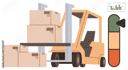 Warehouse operations, logistics management, supply chain, efficiency tracking, inventory handling, industrial equipment. Forklift moving warehouse boxes with efficiency meter. Logistics