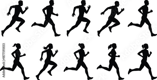 Running people silhouettes set showing male and female joggers sprinting fitness poses black human figures isolated vector illustration