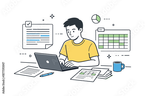 Digital Document Workflow. Document creation and editing. Person working on text and spreadsheet files, focused and productive mood. Pages, lines, and subtle