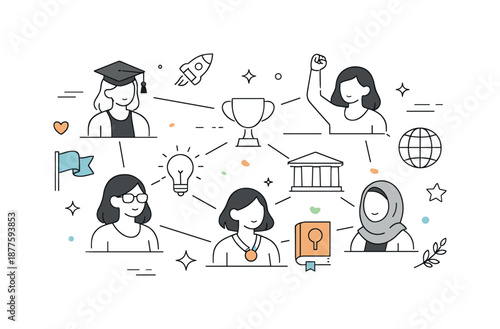 Women's Shared Success. Celebrating Women?s Achievements. Several women represented as simple figures connected by lines and icons, symbolizing shared history