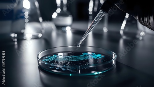 Laboratory scientist using pipette to add blue chemical solution to petri dish in modern research facility for scientific experiments and analysis.