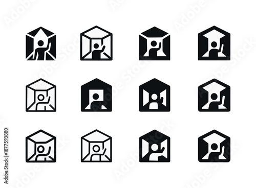 Interactive Theater Logos. Interactive theater. Icon set. Set Logo of interactive theater: immersive room scene. harmonious logo variations of the same