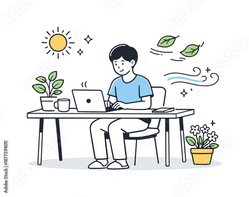 Spring Remote Work. Remote work with spring atmosphere. A professional working at home while sunlight, plants, and gentle breeze symbols appear nearby. Sense