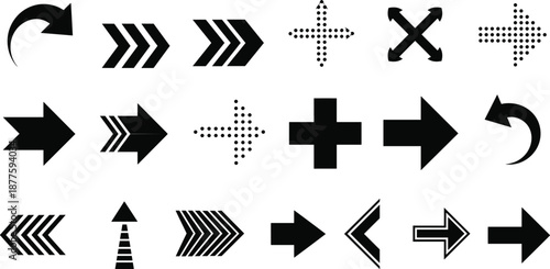 Collection of Modern Directional Arrow Icons Featuring Dotted Pointers, Bold Chevrons, Expansion Symbols, Curve Indicators, and Cad Drawing Flat Vector Illustration