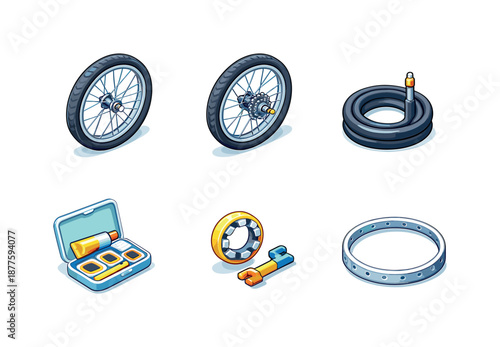 Bicycle Repair Icons. Tire & Wheels. Isometric flat vector icons set of Fixing a Bicycle: front wheel, rear wheel, inner tube, tire patch kit, spoke wrench,