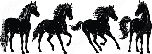 Running horse silhouettes collection featuring dynamic galloping equestrian animals in powerful poses isolated black vector illustration set