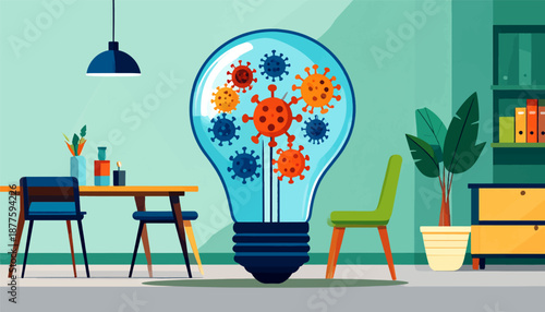 A large lightbulb filled with virus particles illuminates a room with furniture and plants