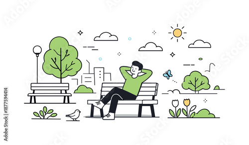 Spring Park Tranquility. Urban park in spring. A small city park with benches, trees, and a calm character enjoying early spring greenery. Peaceful break