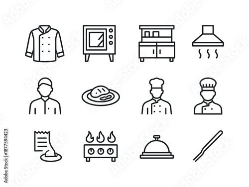 Professional Kitchen Icons. Professional kitchen. Line icon set of Professional kitchen: chef coat, commercial oven, prep station, kitchen hood, line cook,