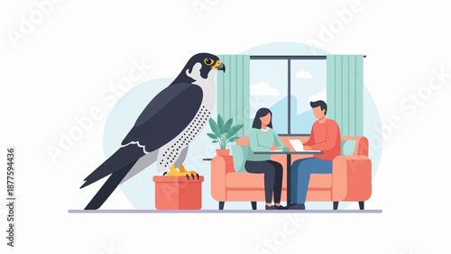 A large falcon overlooks a couple sitting on a couch, using a laptop