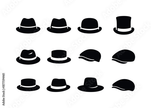 Classic Men's Hats. Classic men?s hats. Solid icon set of classic men?s hats: fedora, trilby, bowler hat, top hat, homburg, boater hat, newsboy cap, flat cap,