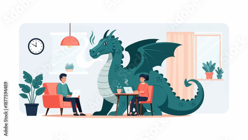 A large dragon looms over two people working on laptops in a cozy, modern room