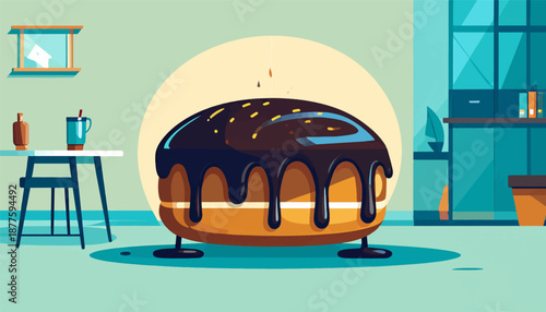 A large, decadent chocolate-glazed cake with yellow sprinkles, sits in a clean, minimalist room