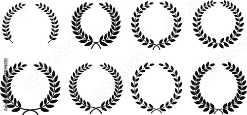 Collection of Black Laurel Wreath Silhouettes for Award, Victory, Winner, Achievement, Heraldry, Excellence, and Cad Drawing Flat Vector Illustration Set