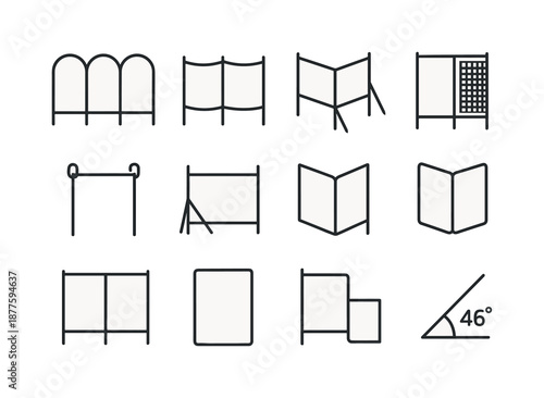 Folding Screen Icons. Folding screen. Line icon set of folding screen: outdoor wind screen, picnic divider, stake legs, mesh texture, frame hooks, tension