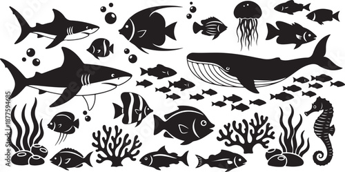 Underwater ocean creatures and marine life silhouettes illustration set