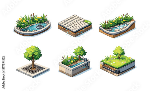Green Urban Design Icons. Green Infrastructure. Isometric flat vector icons set of Ideas for Incorporating Nature in Urban Spaces: rain garden, permeable