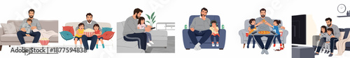 Collection of illustrations depicting a loving father spending quality leisure time with his kids at home, including movie nights, sleeping, and family fun.