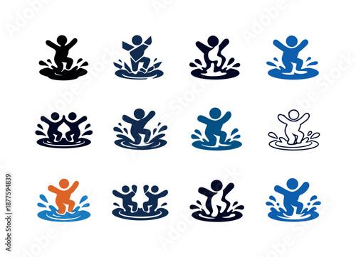 Splashing Puddle Logos. Splashing in puddles. Icon set. Set Logo of splashing in puddles: puddle ripple ring. harmonious logo variations of the same emblematic
