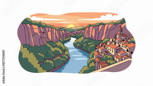 A picturesque riverside village nestles beneath towering, sun-drenched cliffs at sunset